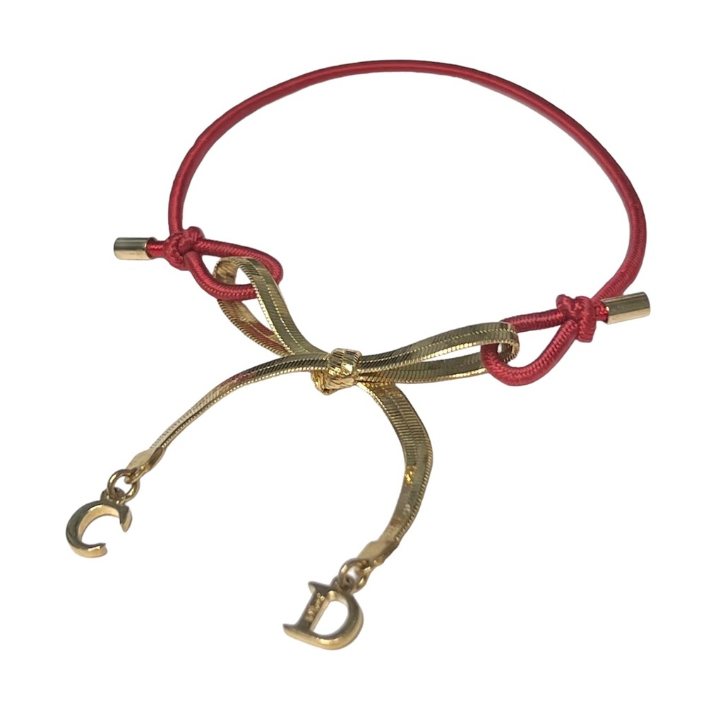 VTG AUTH Christian Dior Red Elastic Gold Chain CD Logo Bow Charm Bracelet - Picture 2 of 12